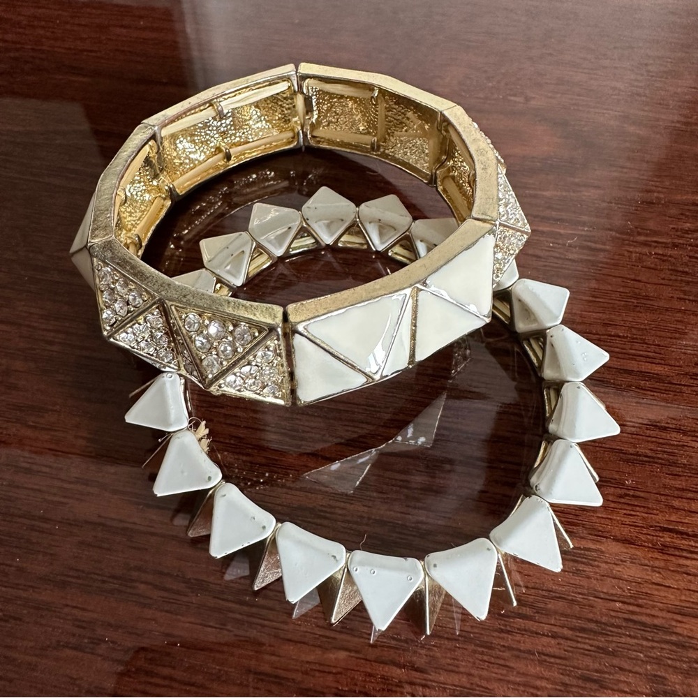 Set of 2 Bracelets White Gold Crystal Stretchy Geometric